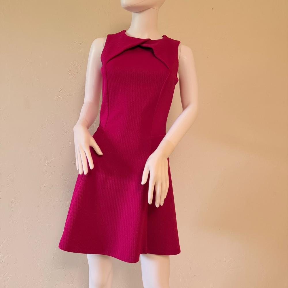 LETAGE Womens Magenta  Textured Sleeveless Fit and Flare Dress Petal Neck Size P
